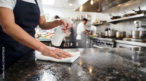 Hands Wiping Kitchen Counter with Spray Bottle Fine Mist on Clean Granite Surface