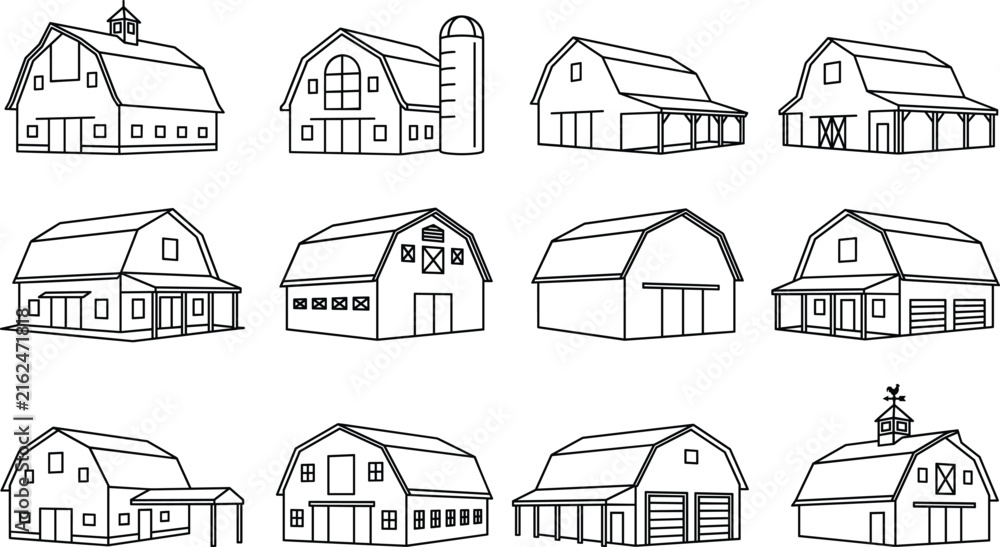 Obraz premium Set of farm barn line icons representing agricultural buildings and rural architecture for various landscape design projects
