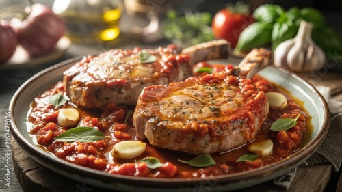 A national dish of Italian cuisine. 
Pizzaiola-style pork chops — juicy meat stewed in a flavorful tomato sauce with garlic, oregano, and melted mozzarella.