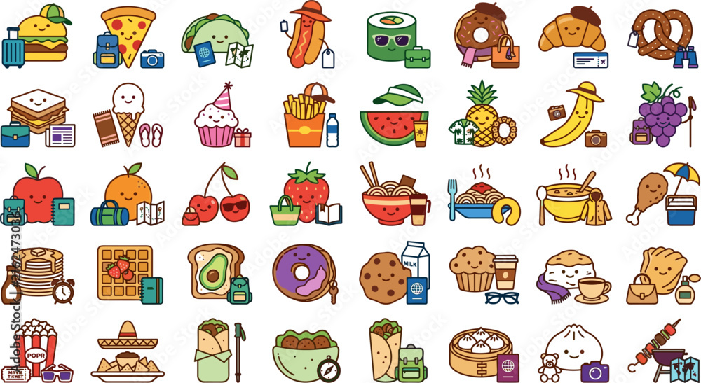 Obraz premium Funny traveling food character set with 40 colorful kawaii tourist snack mascots carrying luggage for branding design
