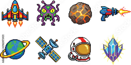 Retro pixel art space and galaxy icon set featuring spaceship, alien, and cosmic adventure symbols