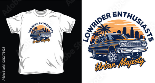 Lowrider enthusiasts t-shirt design with classic car, urban majesty and sunset cityscape.