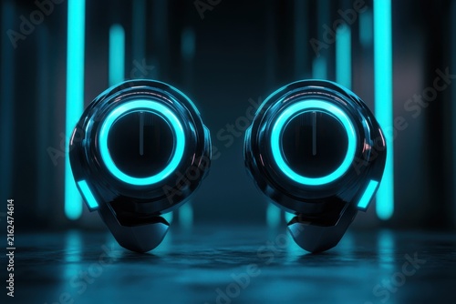 A pair of symmetrical glowing earphones designed with futuristic tech accents