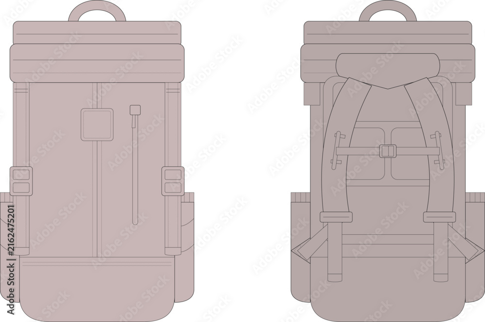 Fototapeta premium Roll Top Backpack Technical CAD Drawing Front and Back View Editable Vector TemplateRoll Top Backpack Technical CAD Drawing Front and Back View Editable Vector Template