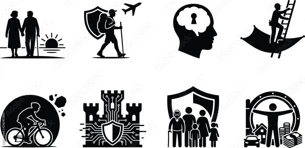 Naklejka premium Life and Asset Insurance Icon Set Featuring Retirement Travel Cyber Security Safety and Financial Protection Vector Concepts