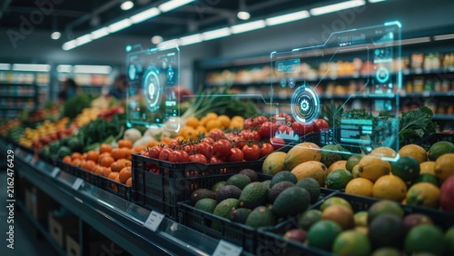 Fresh produce in a supermarket with futuristic digital data overlays. Concept for smart retail technology and grocery inventory management systems.