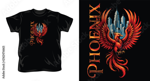 Phoenix rising from city skyline, mythical bird of rebirth, t-shirt graphic.