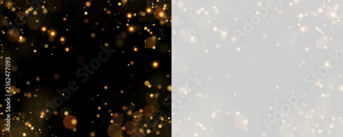 Scattered golden bokeh lights glowing with warm soft focus on black and transparent backgrounds on transparent background