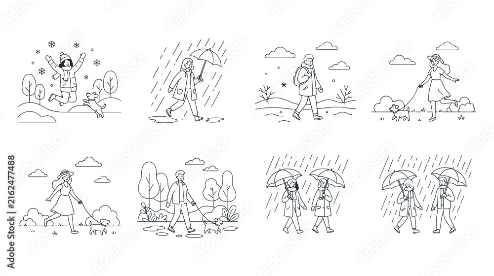 Fototapeta premium People walking in different weather conditions outline drawings.