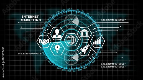 Dynamic digital internet marketing hud interface featuring animated global business financial growth graphs, and futuristic data analytics hud overlay for corporate technology and strategy