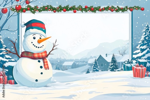 Cheerful snowman in a winter landscape with festive decorations for a christmas and xmas holiday event card