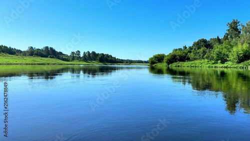 Photography Mirror-like river surface reflecting lush green banks under a vibrant blue sky