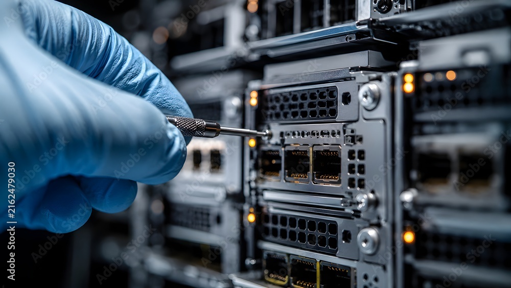 Fototapeta premium IT Technician Repairing Network Server Hardware with Screwdriver