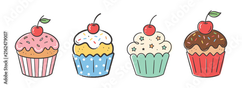 Cupcake vector illustration set featuring doodle style dessert with cherry and sprinkles.