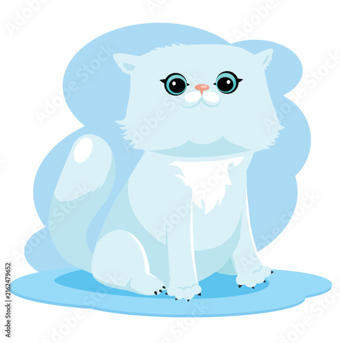 Vector Illustration of Cute Fluffy White Persian Cat Sitting with Big Blue Eyes