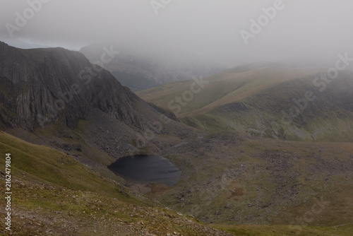 Scenic view along the Llanberis path on Snowdonia showing Llyn padarn lake.