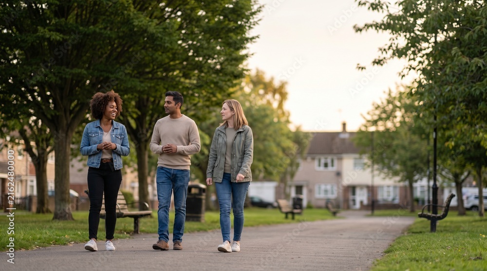 Fototapeta premium Diverse Friends Walking and Talking Outdoors in a Suburban Park