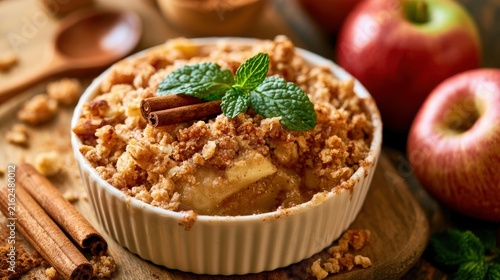 Apple crisp topped with fresh mint sprig and cinnamon sticks sits in a white ceramic dish surrounded by red apples on textured wood.