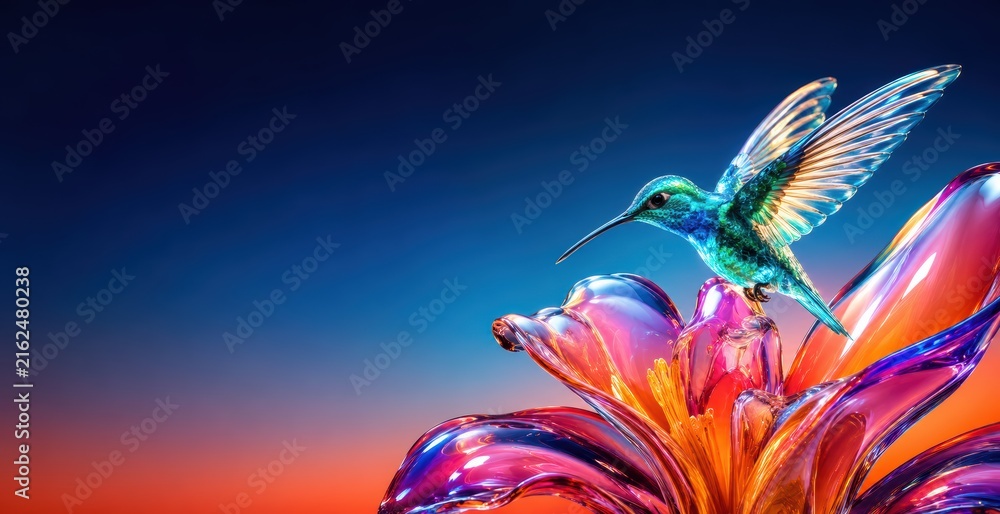 Naklejka premium Glowing Hummingbird Above Liquid Glass Tropical Flowers Banner