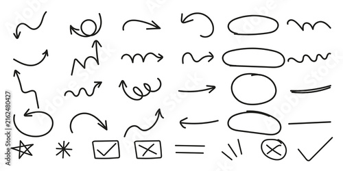 Set of hand drawn arrows circles and doodle elements for business presentation and design annotation