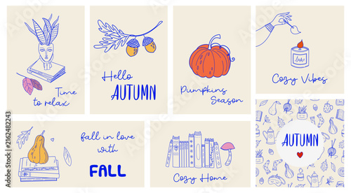Fall mood cards set with essential autumn elements. Hand drawn vintage blue color doodle drawing. Hygge time and cozy home concept. Simple design vector illustrations.