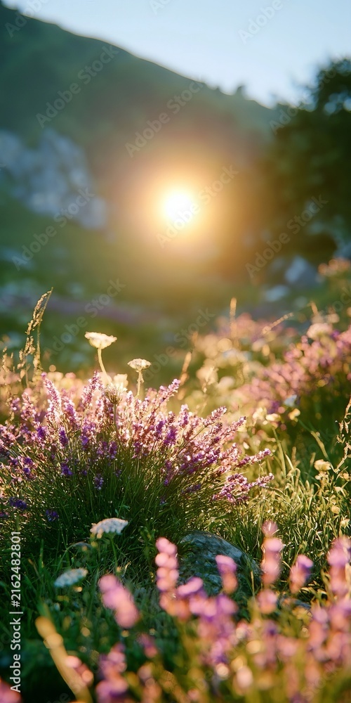 Obraz premium Beautiful Purple Lavender Fields Blooming Under Glowing Sunset Light in a Warm Mountain landscape