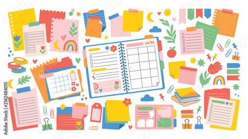 Stationery vector set with colorful notes and planner for daily work.