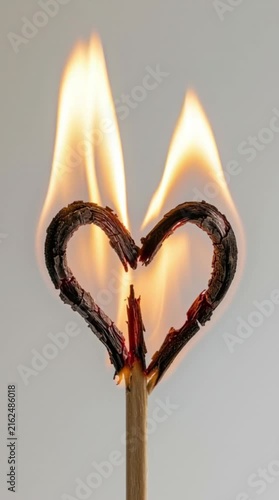 Burning heart shape made from matchsticks with flames, vertical video  