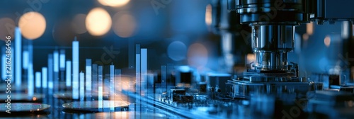 Advanced semiconductor machinery beside floating stock charts, silicon wafers, global market growth concept, futuristic commercial finance visual