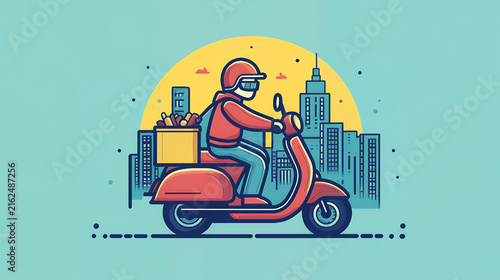 Delivery person riding a scooter with a package box in a vibrant urban city landscape