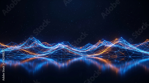 Glowing blue and orange network topography against a starry sky, reflecting on a dark surface, symbolizing connection and data.