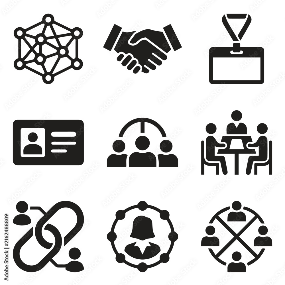 Obraz premium Set of human resources and business networking icons in solid black style