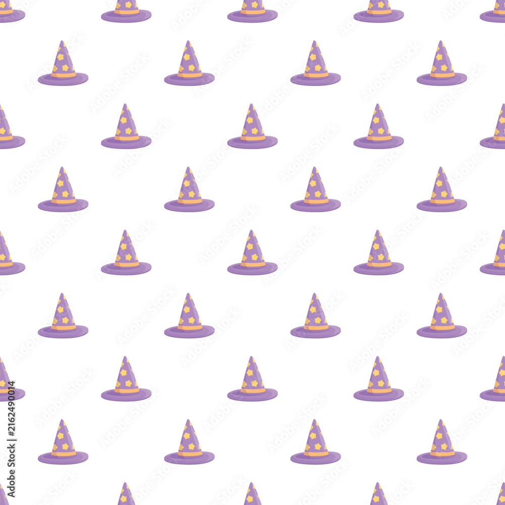 Naklejka premium Purple wizard hats with yellow stars creating a magical seamless pattern for fantasy themes