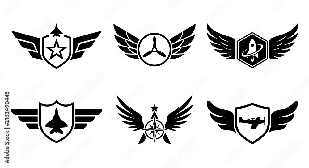Fototapeta premium Aviation wing emblems set, 6 military flight badges with shields and stars, black aircraft pilot insignia vectors for logo design