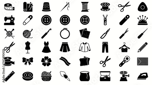 Canvas Print Sewing and tailoring icons set, 48 black flat vector symbols for needlework, dre