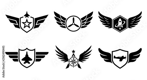 Foto Aviation wing emblems set, 6 military flight badges with shields and stars, blac
