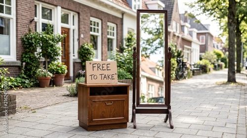 Wooden cabinet and full length mirror displayed outside a residential home with a 