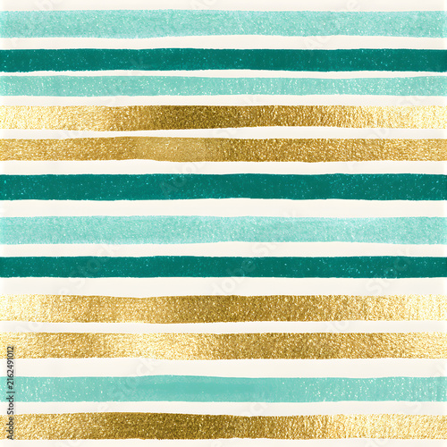 Hand Painted Teal, Aqua and Gold Horizontal Stripe Pattern with Metallic Foil Texture on Cream Background