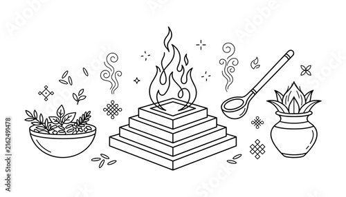 Bild auf Leinwand Ritual Pyre Illustration with Herbs, Leaves, and Incense Burner