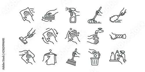 Collection of hand drawn cleaning supplies and household items illustrations on white