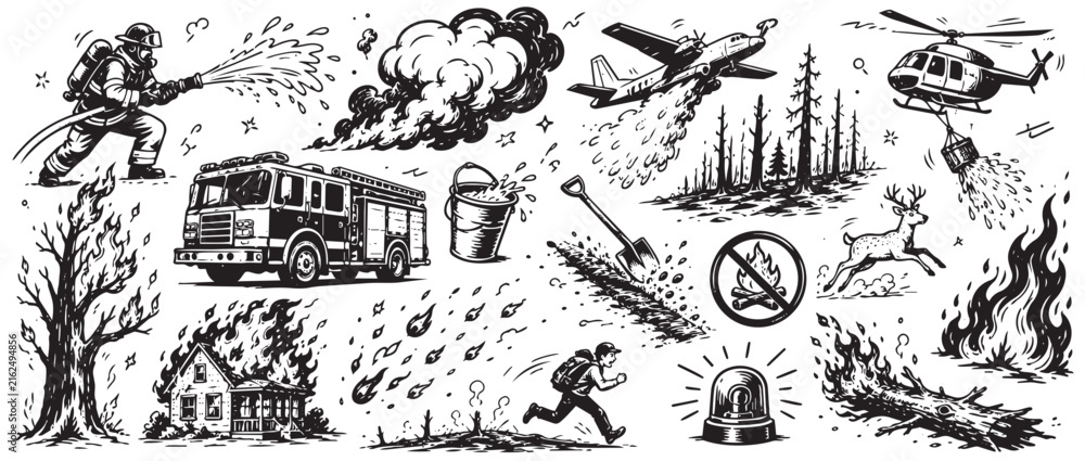 Fototapeta premium Detailed black and white illustrations depicting various elements of wildfire fighting and prevention on a clean white background