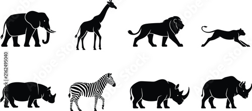 Photography African safari and wild animals black vector icon set featuring wildlife and nat