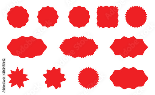 Red starburst and sunburst badge collection, promo discount price tag and wavy edge sale sticker vector set