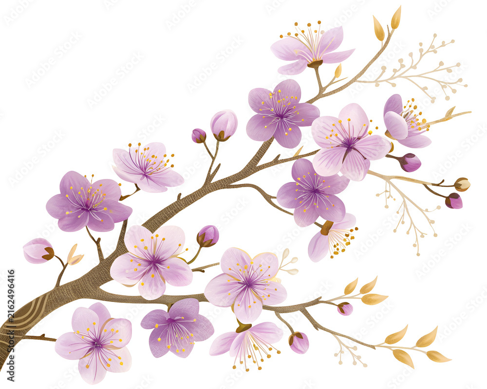 Fototapeta premium Delicate purple cherry blossoms on a branch during springtime with soft lighting isolated on transparent background