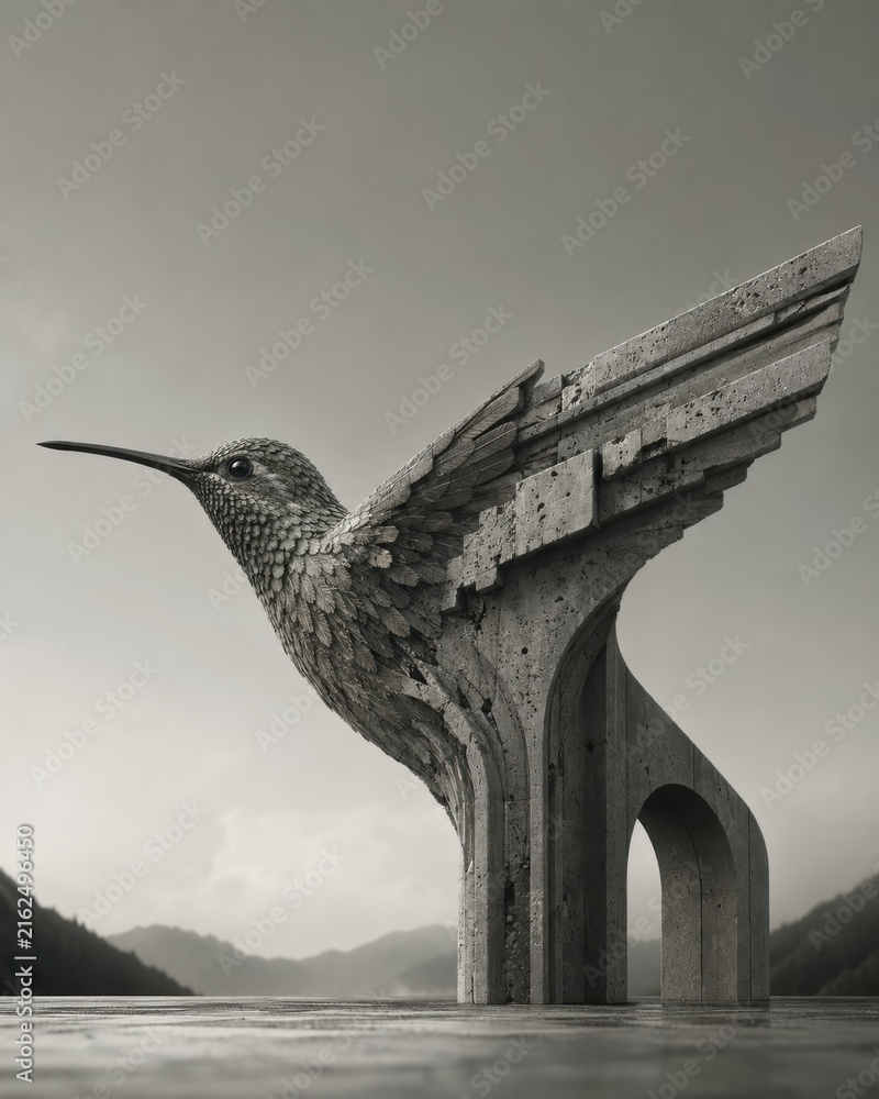 Naklejka premium Hummingbird Transforming Into Monumental Brutalist Concrete Arch