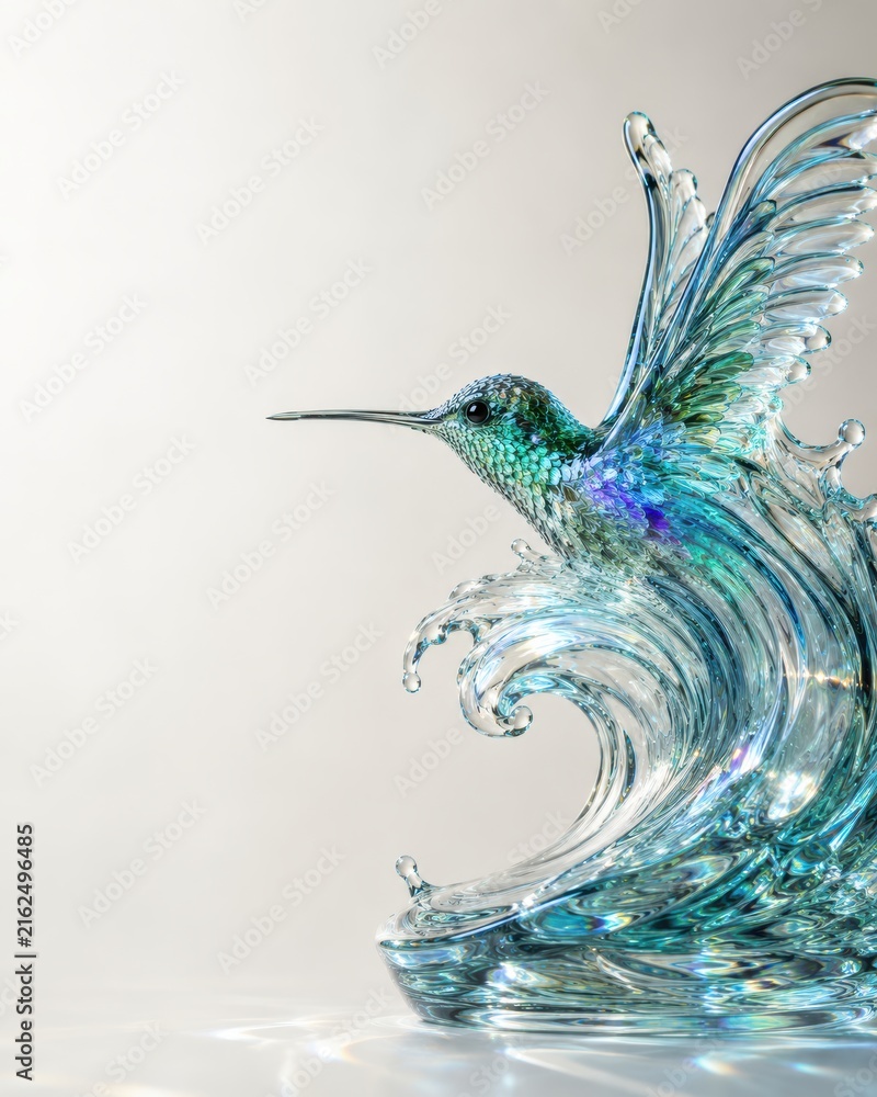 Naklejka premium Hummingbird Transforming Into Hand Blown Glass Ocean Wave