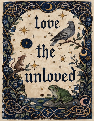 Love the unloved quote medieval fairytale wall art print. Vintage gothic illuminated manuscript poster with pigeon, mouse, and frog illustration.