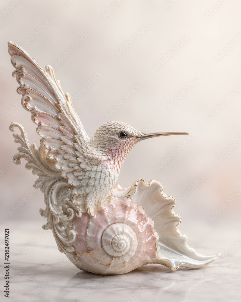 Naklejka premium Porcelain Hummingbird Merging With Ornate Rococo Seashell