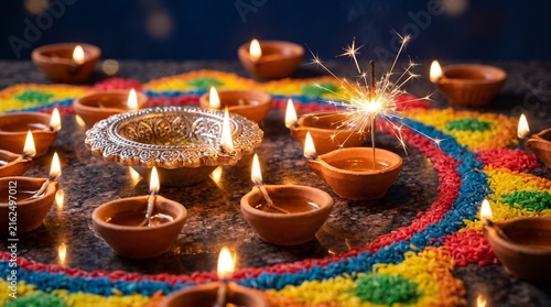 Diwali diya lamps on rangoli background. Traditional clay oil lamps with glowing flames and sparkler firework on colorful sand pattern. Hindu festival of lights celebration photography style.