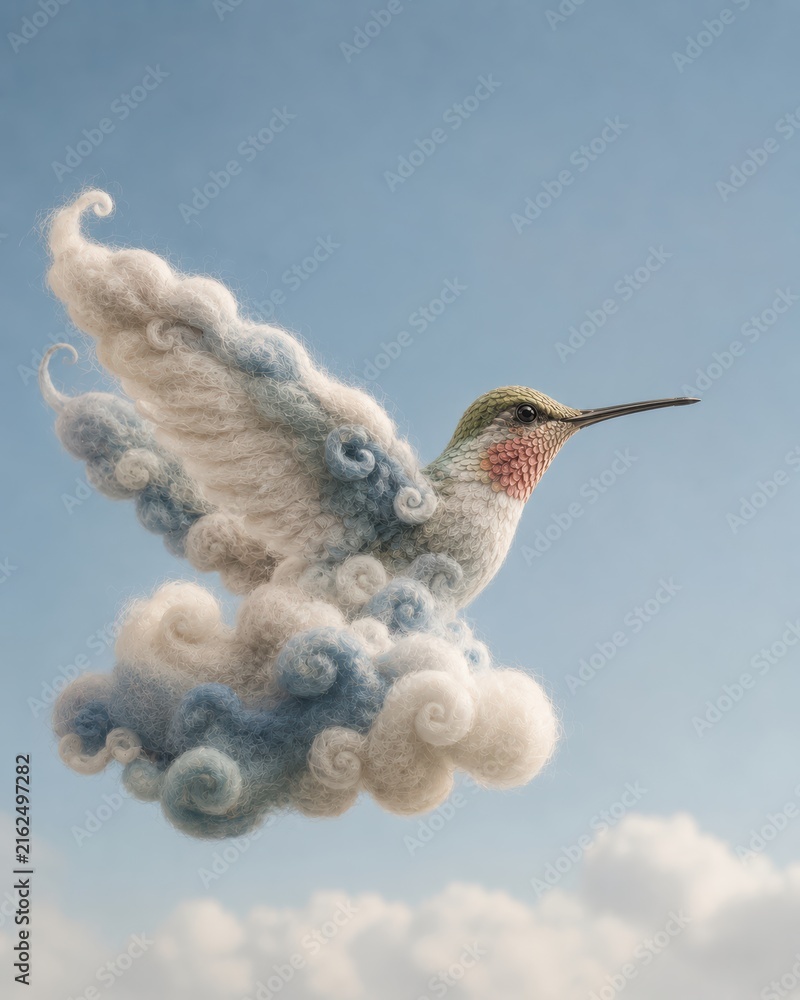 Naklejka premium Whimsical Hummingbird Transforming Into Felted Wool Cloud